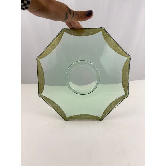 VTG Green Depression Octagon Glass Plate Glassware Floral Gold Trim - Picture 8 of 12